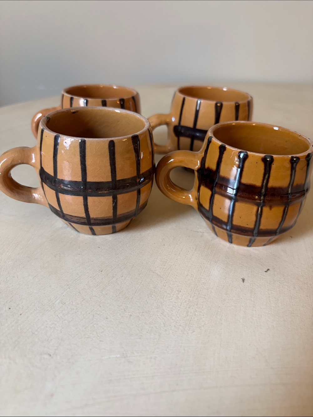 Barrel-Style Ceramic Espresso Mugs in Tan with Dark Brown Accents (Set of 6) EUC - Picture 3 of 6